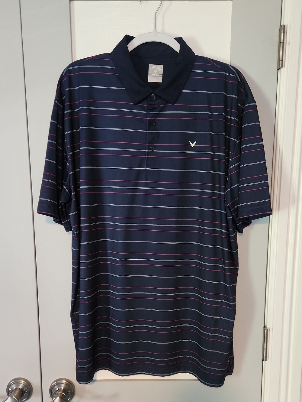 Callaway Navy Polo with Pink & Light Blue Stripes, size XL